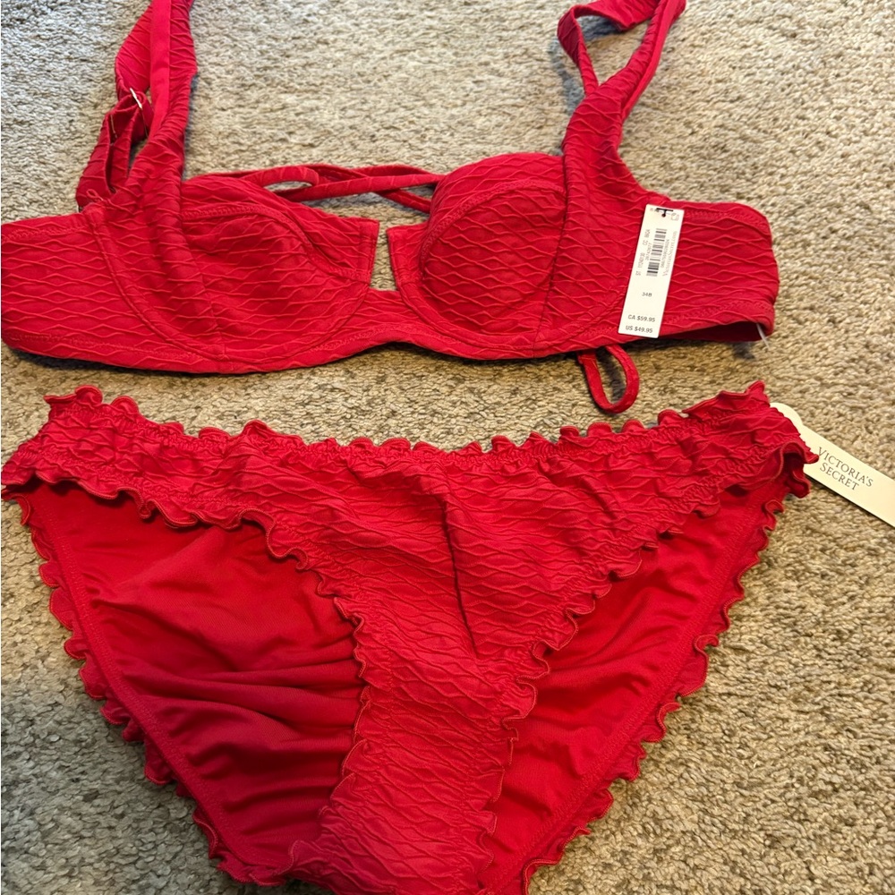 Red Textured Bikini Set